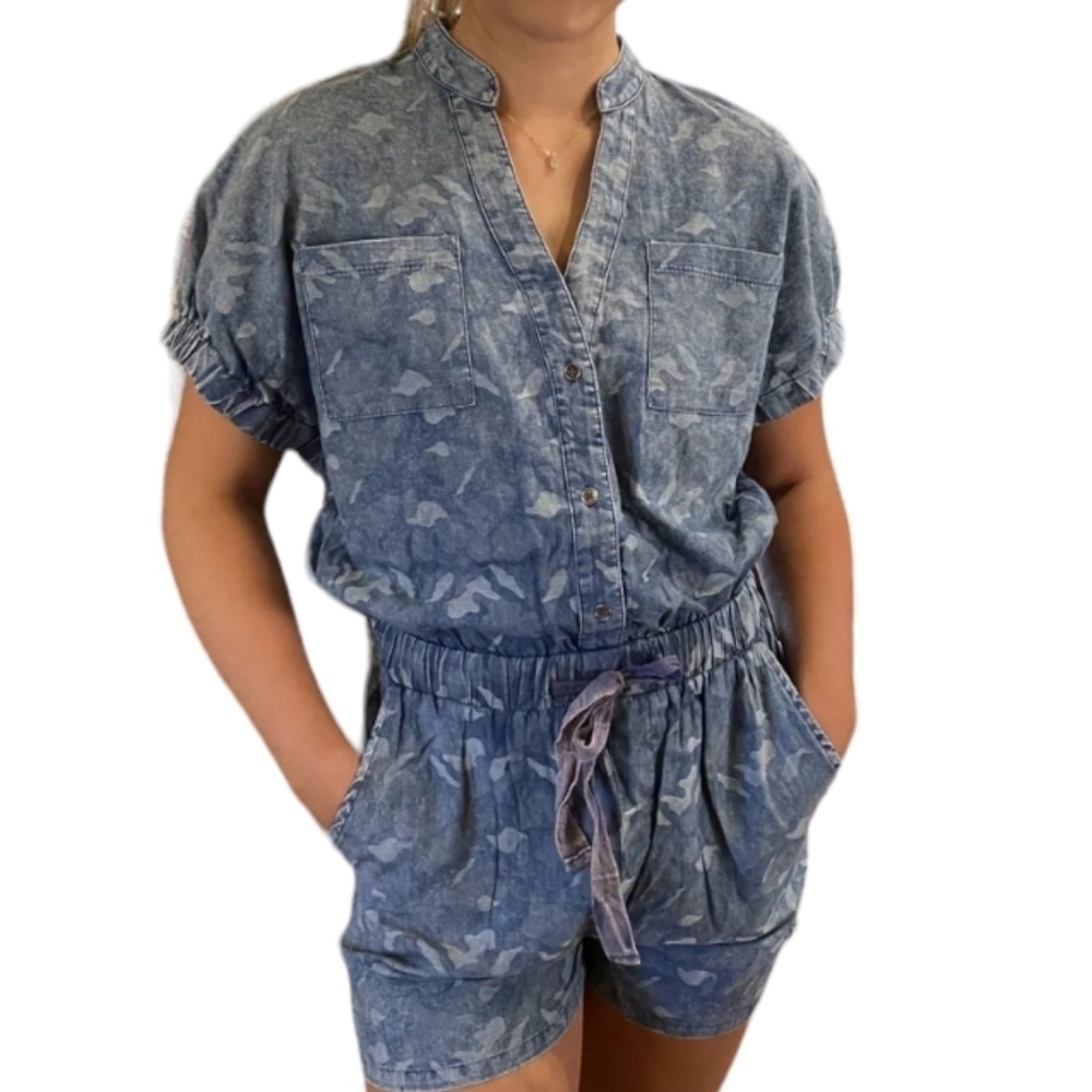 Fate Washed Camo Denim Romper Small Short Sleeve Tie Waist Pockets